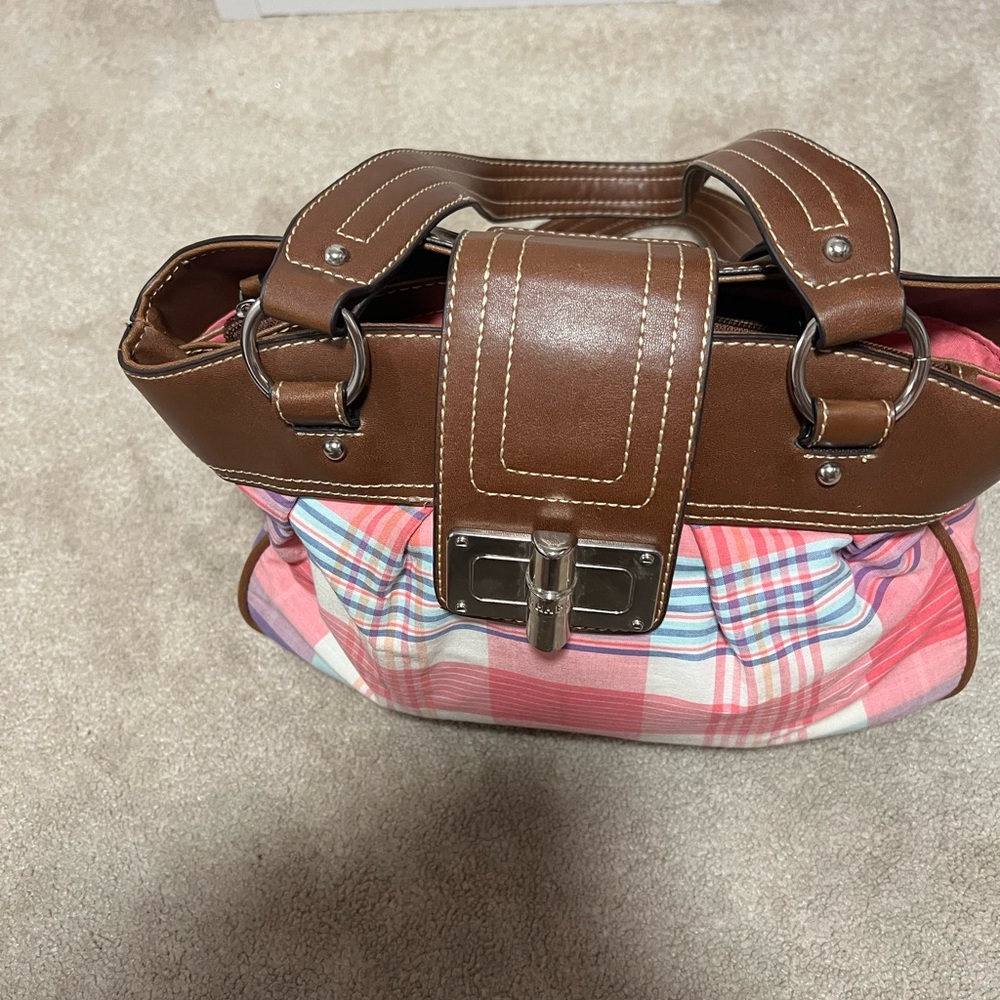Chaps Pink Plaid and Brown Satchel